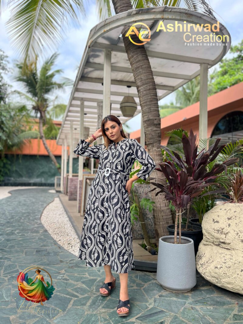 Cotton Kurti Frock With Belt Black & White - Image 4