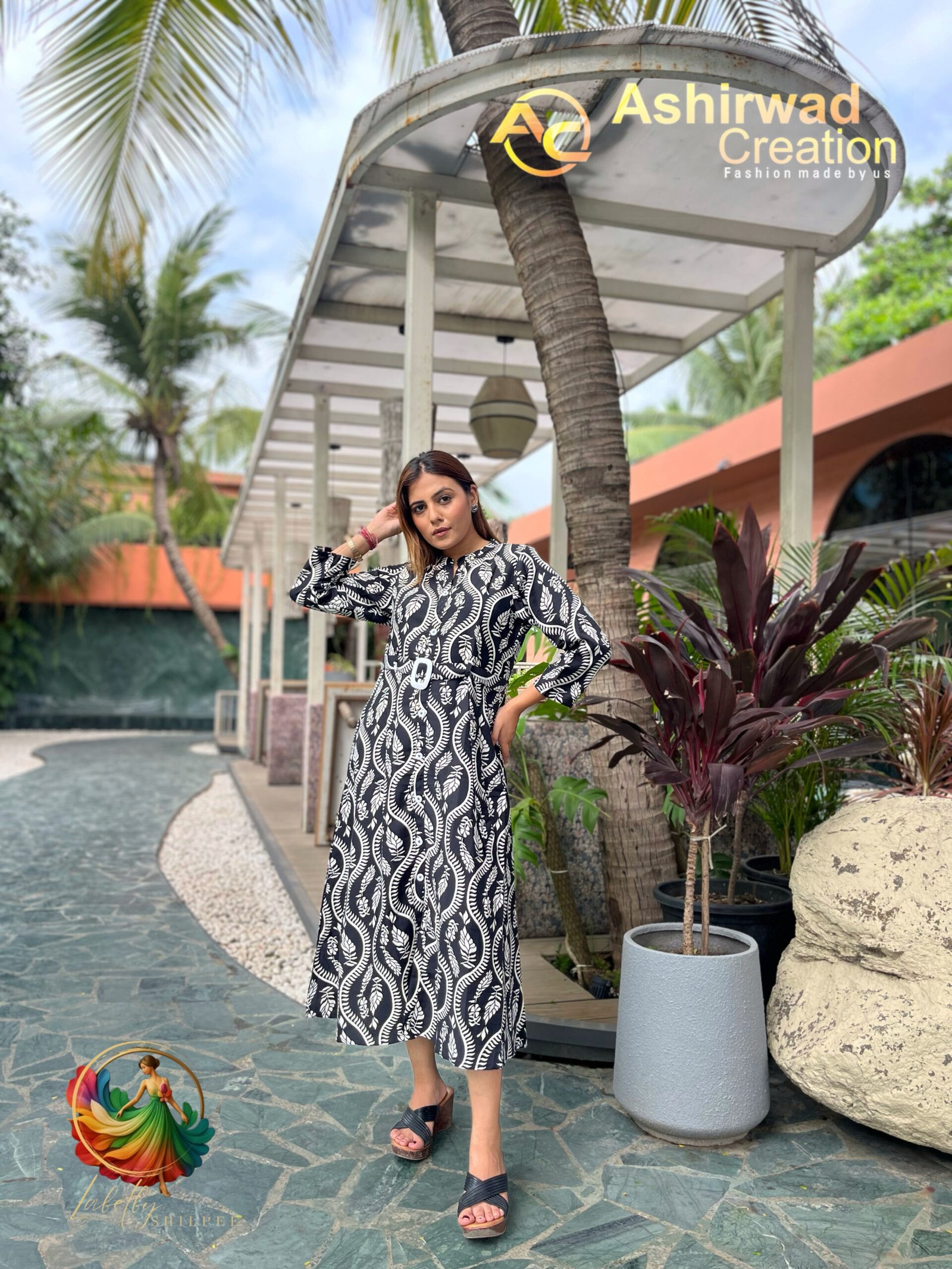 Cotton Kurti Frock With Belt Black & White - Image 4