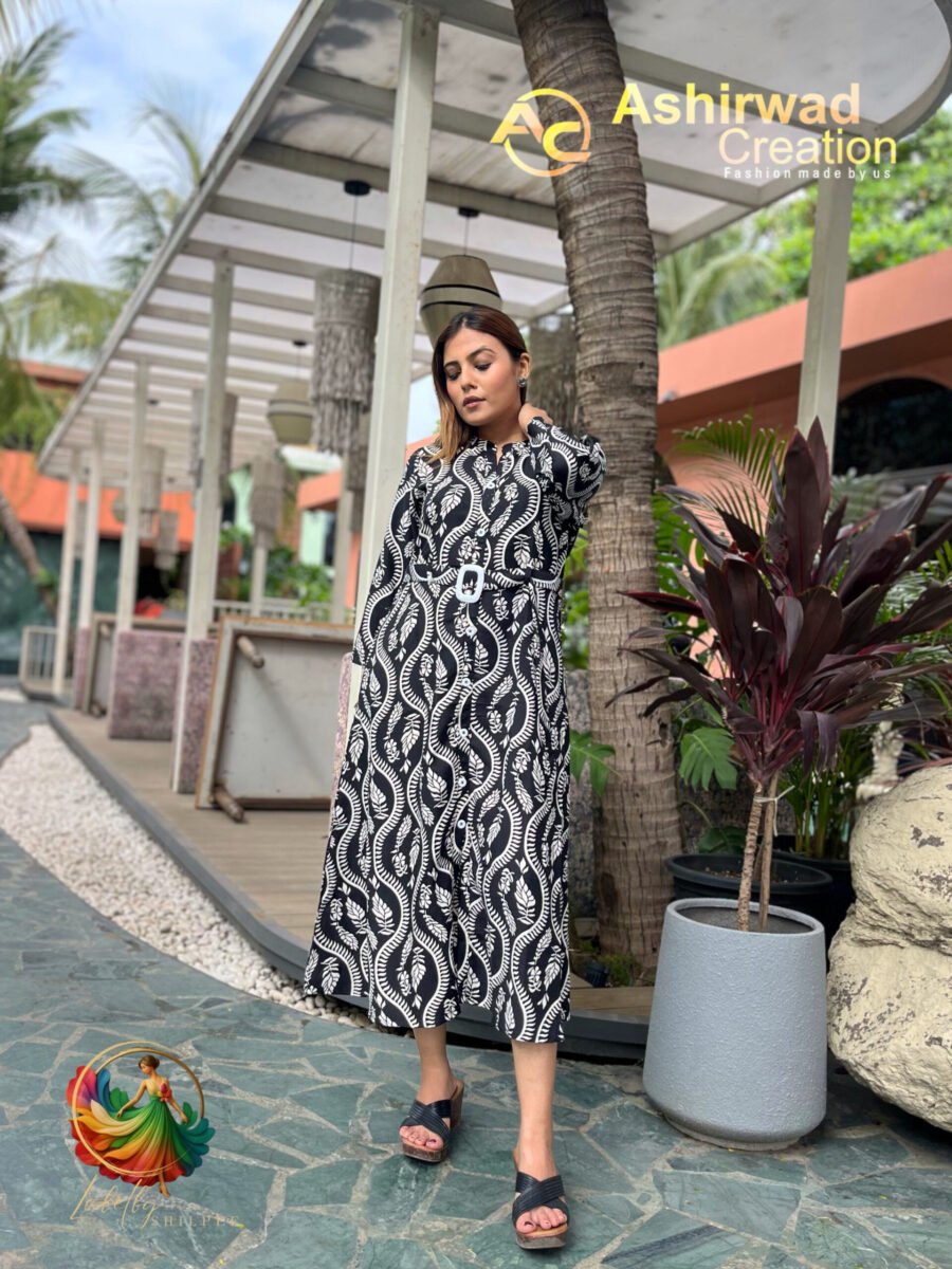 Cotton Kurti Frock With Belt Black & White