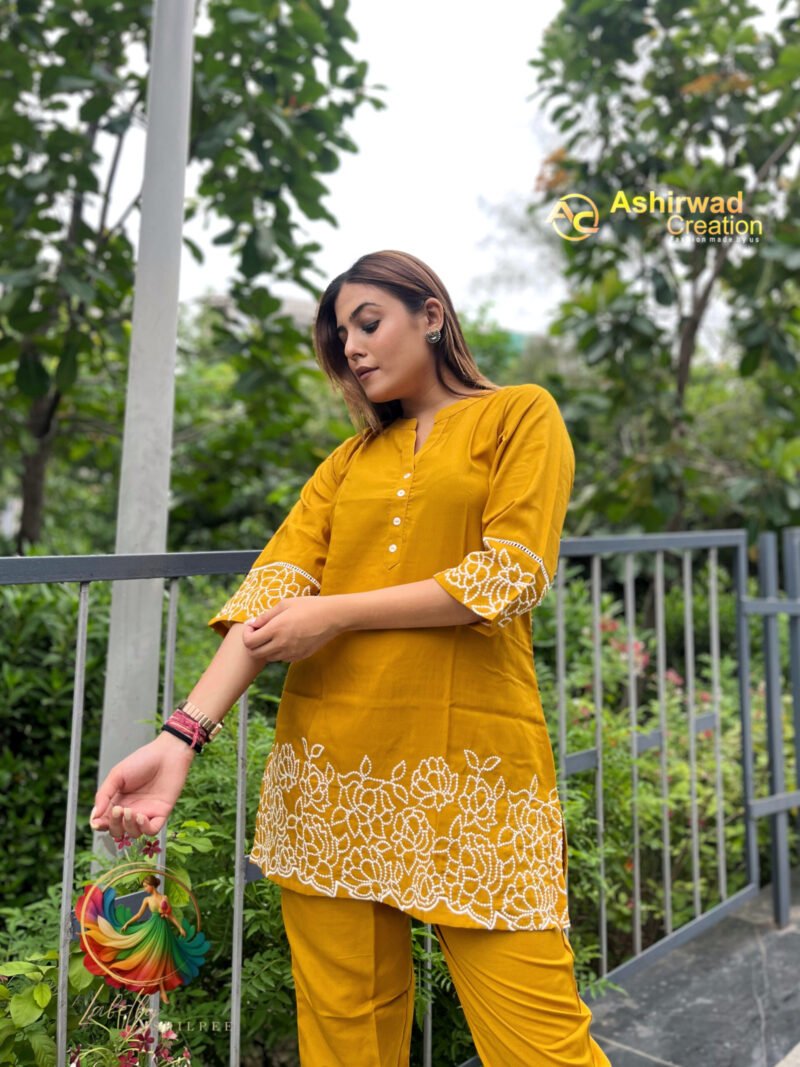 Fancy Yelloe Fancy 2 Piece Cotton Kurti - Image 3